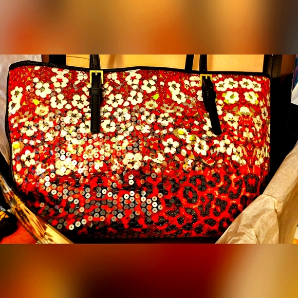 NWT NINE WEST Black and Pink Sequin Cheetah Ava handbag - Picture 2 of 13